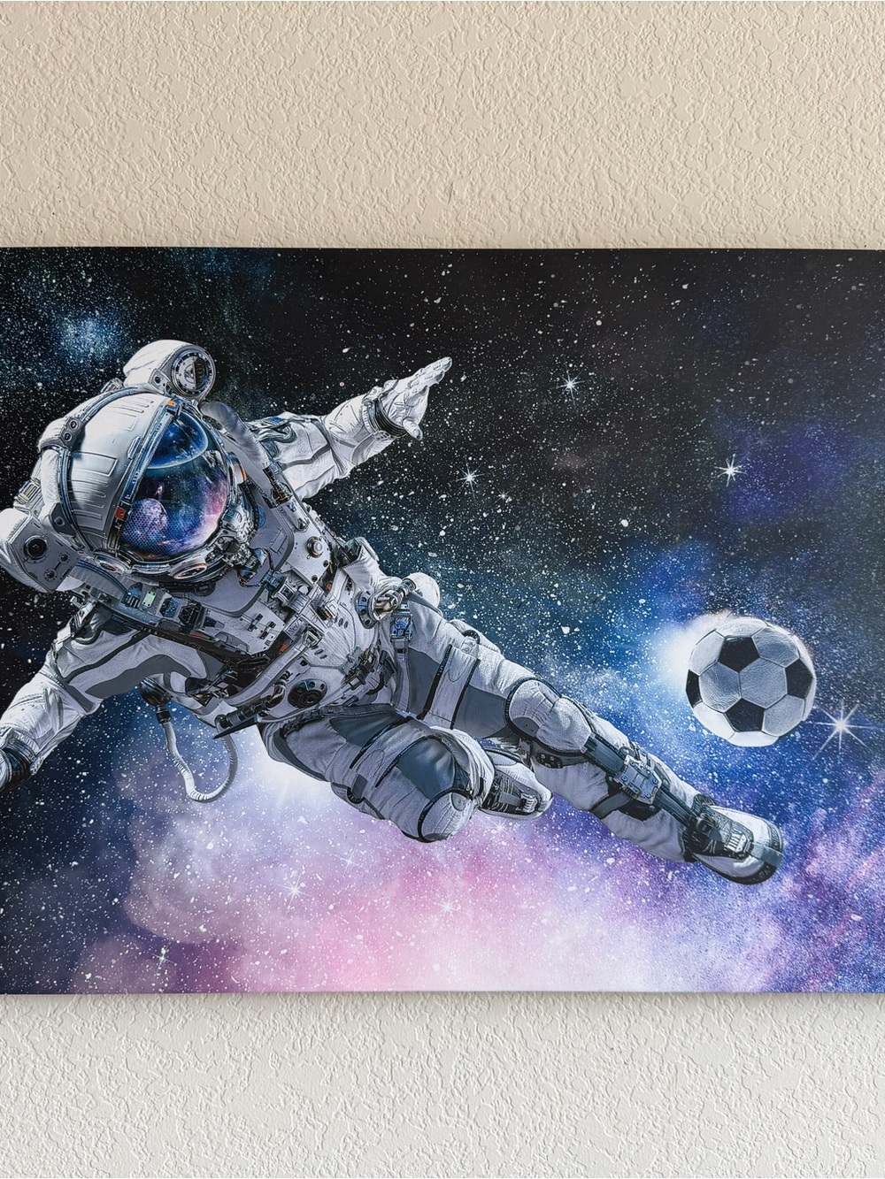 Astronaut Soccer Canvas Art - Galaxy Space Wall Decor in Black, White & Purple